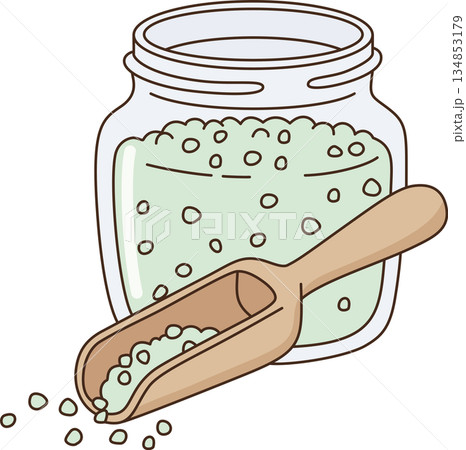 Cute Pastel Bath Salts in Glass Jar with Wooden Scoop Illustration for Relaxation Spa Cute Pastel Bath Salts in Glass Jar with Wooden Scoop Illustration for Relaxation Spa 134853179