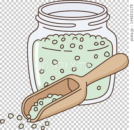 Cute Pastel Bath Salts in Glass Jar with Wooden Scoop Illustration for Relaxation Spa 134853179