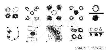 Hand-drawn abstract scribble set featuring tangled lines, geometric shapes, and chaotic paths symbolizing complex problem-solving, cognitive processes, and transitions. 134853202
