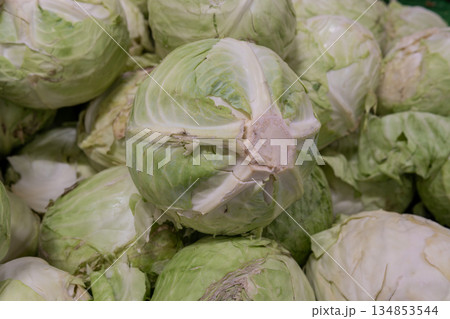 Fresh Green Cabbages Piled High in Market Display of Fresh Produce 134853544