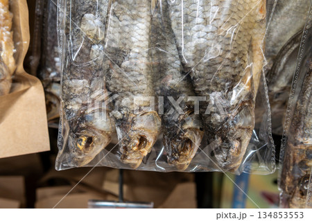 Dried Fish Packed In Clear Plastic Bags For Sale At Market Stall Display Storefront Shelf 134853553