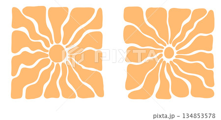 Retro groovy sunshine background with abstract sunburst rays and wavy lines. Funky 70s boho pattern in yellow tones, vintage psychedelic sunlight vector design for summer posters. 134853578
