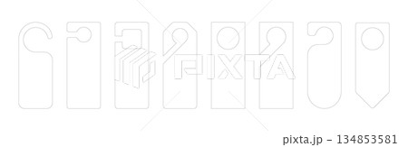 Hotel door label vector set with die cut tag icons for hanging on knob or handle. Cardboard flyer design template for room signs including do not disturb and welcome tag mockups Hotel door label vector set with die cut tag icons for hanging on knob or handle. Cardboard flyer design template for room signs including do not disturb and welcome tag mockups 134853581