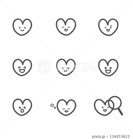 ポジティブな表情のハート　アイコン　セット（線） 134853623