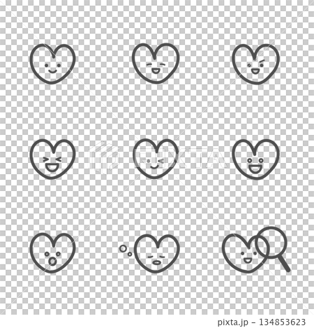 ポジティブな表情のハート　アイコン　セット（線） 134853623