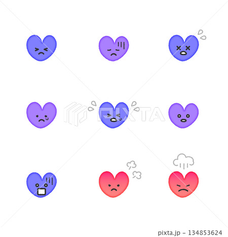 ネガティブな表情のハート　アイコン　セット（カラー） 134853624