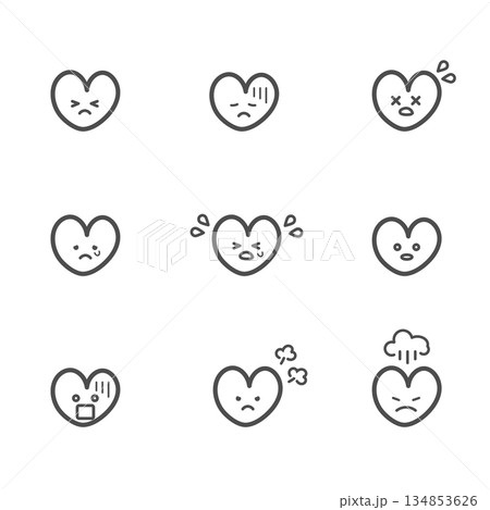 ネガティブな表情のハート　アイコン　セット（線） 134853626