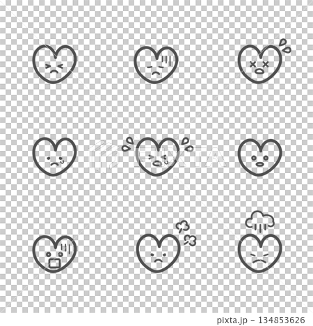 ネガティブな表情のハート　アイコン　セット（線） 134853626
