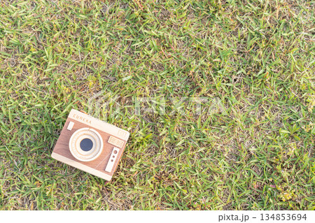 芝生の上に置かれた木製カメラ 134853694
