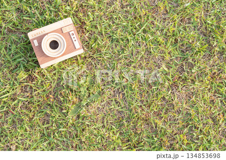芝生の上に置かれた木製カメラ 芝生の上に置かれた木製カメラ 134853698