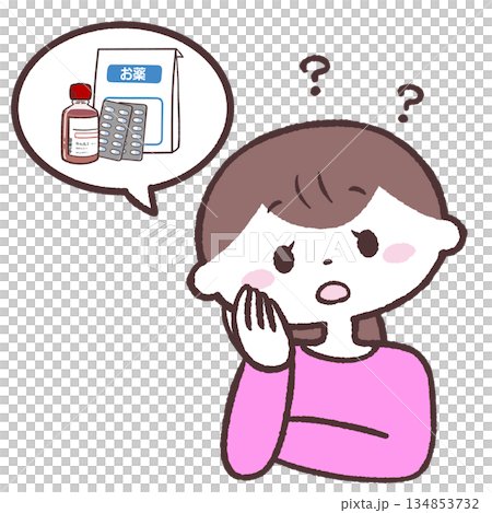 一幅描繪一位對藥物治療心存疑慮的女性的插圖 134853732