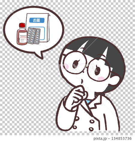お薬のことを考える白衣の女性のイラスト お薬のことを考える白衣の女性のイラスト 134853736