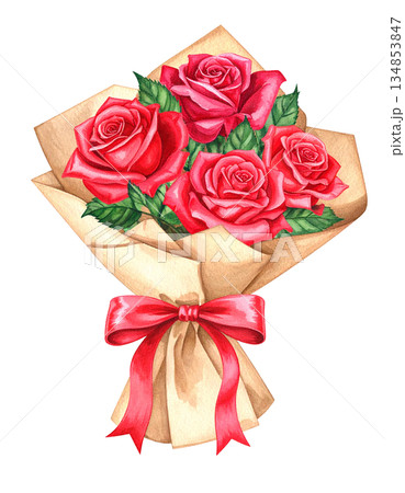 真っ赤なバラの花束　イラスト素材 134853847