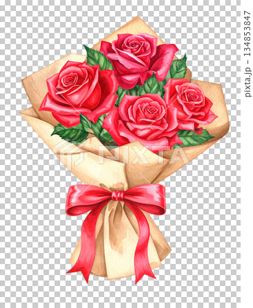 真っ赤なバラの花束　イラスト素材 134853847