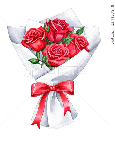 真っ赤なバラの花束　イラスト素材 134853848