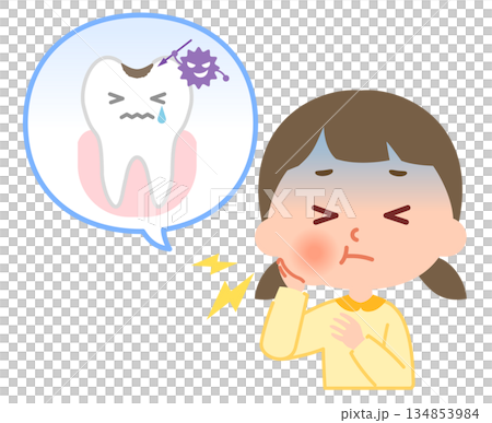Elementary school girl suffering from tooth decay 134853984