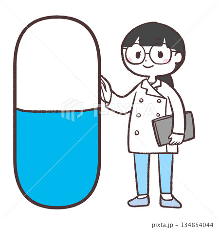 カプセルの薬と並ぶ白衣の女性のイラスト カプセルの薬と並ぶ白衣の女性のイラスト 134854044