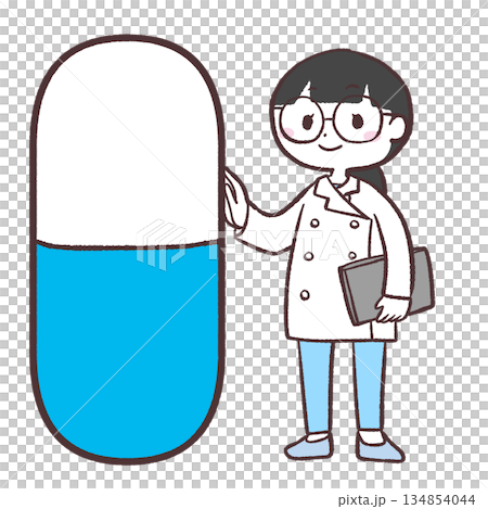 カプセルの薬と並ぶ白衣の女性のイラスト カプセルの薬と並ぶ白衣の女性のイラスト 134854044