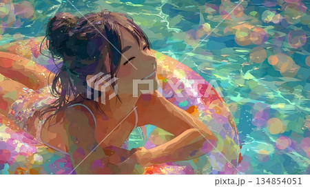 カラフルなビキニの水着姿の若い女性 カラフルなビキニの水着姿の若い女性 134854051