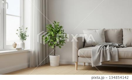 Modern scandinavian living room interior with beige sofa gray throw blanket potted plants white ribbed planter wooden floors natural light Modern scandinavian living room interior with beige sofa gray throw blanket potted plants white ribbed planter wooden floors natural light 134854142