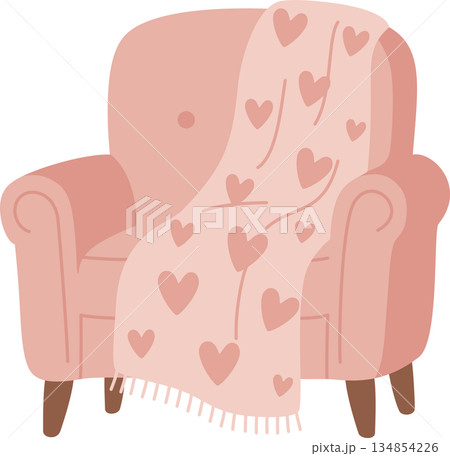 Cozy Pink Armchair with Heart Pattern Blanket Illustration for Valentine's Day Home Decor Cozy Pink Armchair with Heart Pattern Blanket Illustration for Valentine's Day Home Decor 134854226