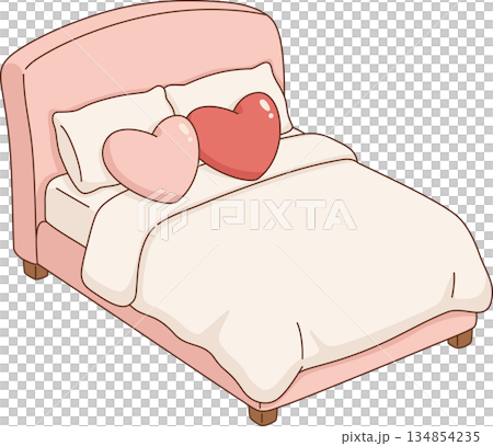 Cozy Pink Bed with Heart Shaped Pillows Illustration for Valentine's Day and Romance 134854235