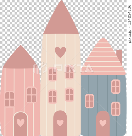Cute Pastel Neighborhood Houses with Hearts Illustration for Valentine's Day Cute Pastel Neighborhood Houses with Hearts Illustration for Valentine's Day 134854236
