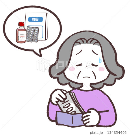 薬の値段に困るシニア女性のイラスト 薬の値段に困るシニア女性のイラスト 134854493