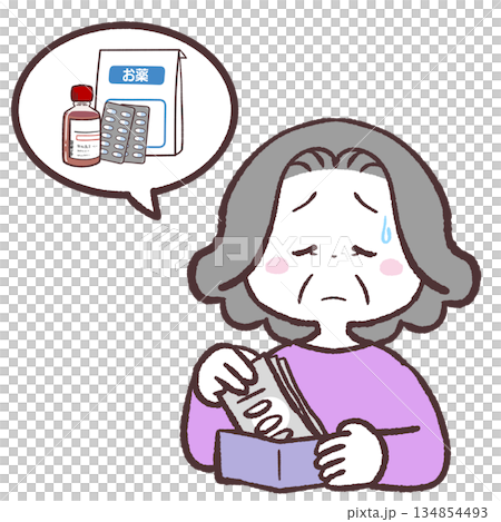 薬の値段に困るシニア女性のイラスト 薬の値段に困るシニア女性のイラスト 134854493
