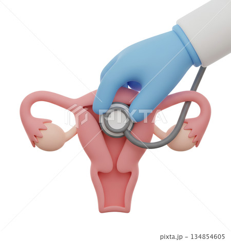 Conceptual 3d image of a doctor's gloved hand using a stethoscope on a model of a uterus, representing gynecology, women's health exams, and fertility Conceptual 3d image of a doctor's gloved hand using a stethoscope on a model of a uterus, representing gynecology, women's health exams, and fertility 134854605