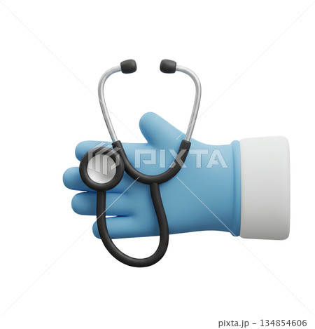 3d rendered image of hand in a medical glove holding stethoscope, perfect for modern medical websites, health apps, and educational materials 3d rendered image of hand in a medical glove holding stethoscope, perfect for modern medical websites, health apps, and educational materials 134854606