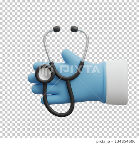 3d rendered image of hand in a medical glove holding stethoscope, perfect for modern medical websites, health apps, and educational materials 3d rendered image of hand in a medical glove holding stethoscope, perfect for modern medical websites, health apps, and educational materials 134854606