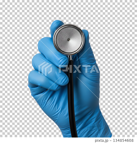 Hand in blue medical exam glove holding stethoscope. Represents professional healthcare, diagnosis, medical services 134854608