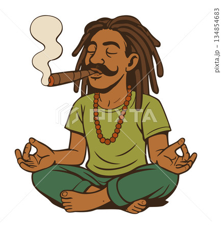 Man with dark brown dreadlocks and upturned mustache, sitting in lotus position and smoking thick lit cigar. Vibrant hippie 1960s retro style. Vector isolated illustration Man with dark brown dreadlocks and upturned mustache, sitting in lotus position and smoking thick lit cigar. Vibrant hippie 1960s retro style. Vector isolated illustration 134854683