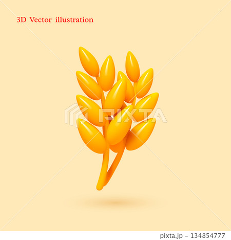 3D vector illustration of wheat grain in smooth glossy style. Perfect for bakery branding, organic food apps, and harvest designs. Professional agricultural graphic. 134854777