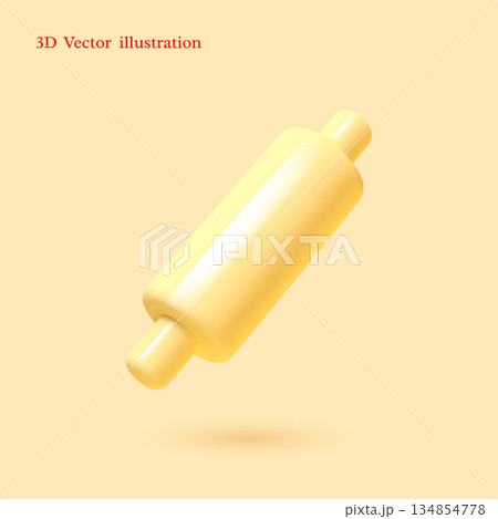 3D vector illustration of a rolling pin in smooth glossy style. Perfect for bakery branding, dough preparation tutorials, and cooking apps. Clean minimalist graphic. 134854778