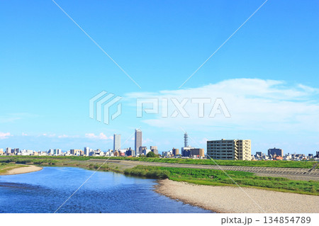 岐阜県岐阜市、長良川と岐阜駅前高層ビル群の風景 134854789