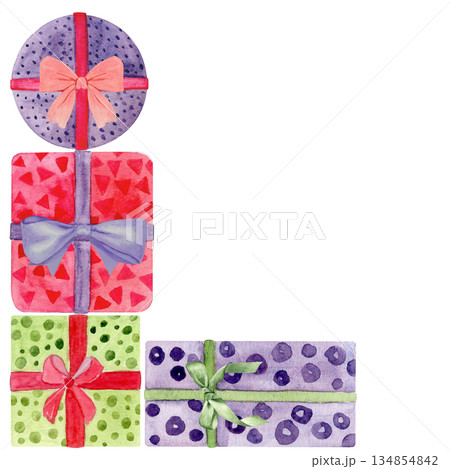 Colorful gift boxes with ribbons, bows corner frame. Hand-painted watercolor illustration isolated on white. Perfect for Christmas, birthday, or celebration design, greeting cards, packaging projects. Colorful gift boxes with ribbons, bows corner frame. Hand-painted watercolor illustration isolated on white. Perfect for Christmas, birthday, or celebration design, greeting cards, packaging projects. 134854842