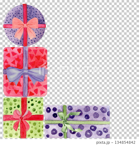 Colorful gift boxes with ribbons, bows corner frame. Hand-painted watercolor illustration isolated on white. Perfect for Christmas, birthday, or celebration design, greeting cards, packaging projects. Colorful gift boxes with ribbons, bows corner frame. Hand-painted watercolor illustration isolated on white. Perfect for Christmas, birthday, or celebration design, greeting cards, packaging projects. 134854842