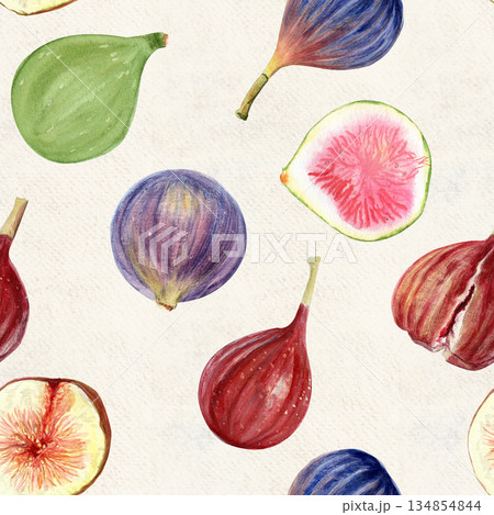 Figs watercolor seamless pattern with whole fruits and slices on cloud white. Hand painted ideal for food design, organic market, packaging, recipe books, kitchen decor, healthy lifestyle concepts Figs watercolor seamless pattern with whole fruits and slices on cloud white. Hand painted ideal for food design, organic market, packaging, recipe books, kitchen decor, healthy lifestyle concepts 134854844