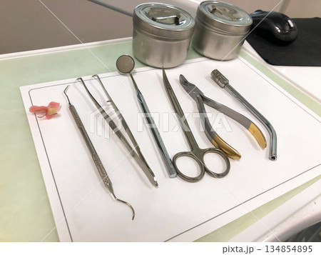 Detailed Set of Stainless Steel Dental Instruments Laid Out on Clinic Tray for Examination, Extraction and Prosthetic Work 134854895