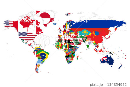 Colored political map of World. Each country filled with its flag. Flags of small states added. Vector illustration. 134854952