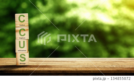 Stacked wooden blocks with the acronym CCUS (Carbon Capture Utilization and Storage) against a blurred green background. Symbolizing sustainable technology and environmental responsibility Stacked wooden blocks with the acronym CCUS (Carbon Capture Utilization and Storage) against a blurred green background. Symbolizing sustainable technology and environmental responsibility 134855072