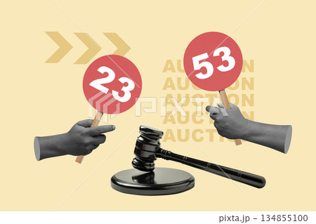 Auction scene, featuring bidding paddles with numbers, a judge's gavel, and hands, all set against a stylized background. Collage art. Concept of auction 134855100