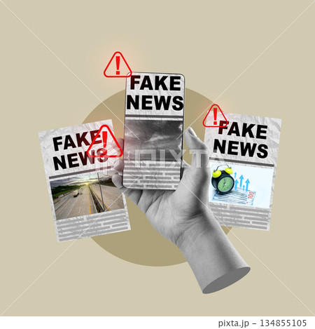 Grayscale hand holding a phone displaying fake news, surrounded by newspaper clippings with the same headline, and warning signs. Collage art. Concept of fake news Grayscale hand holding a phone displaying fake news, surrounded by newspaper clippings with the same headline, and warning signs. Collage art. Concept of fake news 134855105