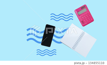 Flat lay composition featuring a mobile phone, pink calculator, and blank notebook on a pastel blue background with decorative wave lines. Collage art. Concept of workflow Flat lay composition featuring a mobile phone, pink calculator, and blank notebook on a pastel blue background with decorative wave lines. Collage art. Concept of workflow 134855110