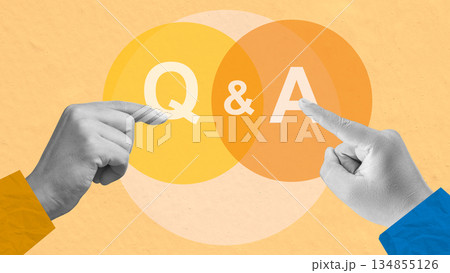 Question and answer concept. Two hands, one pointing at a circle with "Q" and the other at a circle with "A". The circles are overlapping and colored in shades of yellow and orange. Collage art Question and answer concept. Two hands, one pointing at a circle with "Q" and the other at a circle with "A". The circles are overlapping and colored in shades of yellow and orange. Collage art 134855126