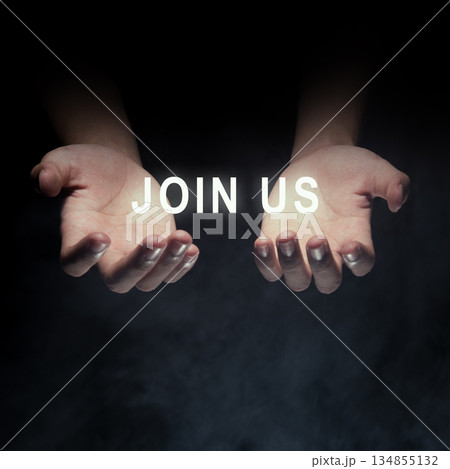 Two human hands facing up, offering an invitation to join, cooperate, and form a partnership, representing generosity and opportunity Two human hands facing up, offering an invitation to join, cooperate, and form a partnership, representing generosity and opportunity 134855132