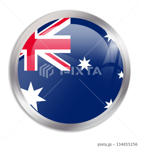 Australia flag - glossy circle button in metal frame displays a colorful flag of a country cultural identity and heritage. The essence of national pride and unity. 134855256