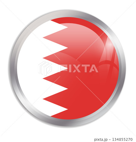 Bahrain flag - glossy circle button in metal frame displays a colorful flag of a country cultural identity and heritage. The essence of national pride and unity. Bahrain flag - glossy circle button in metal frame displays a colorful flag of a country cultural identity and heritage. The essence of national pride and unity. 134855270